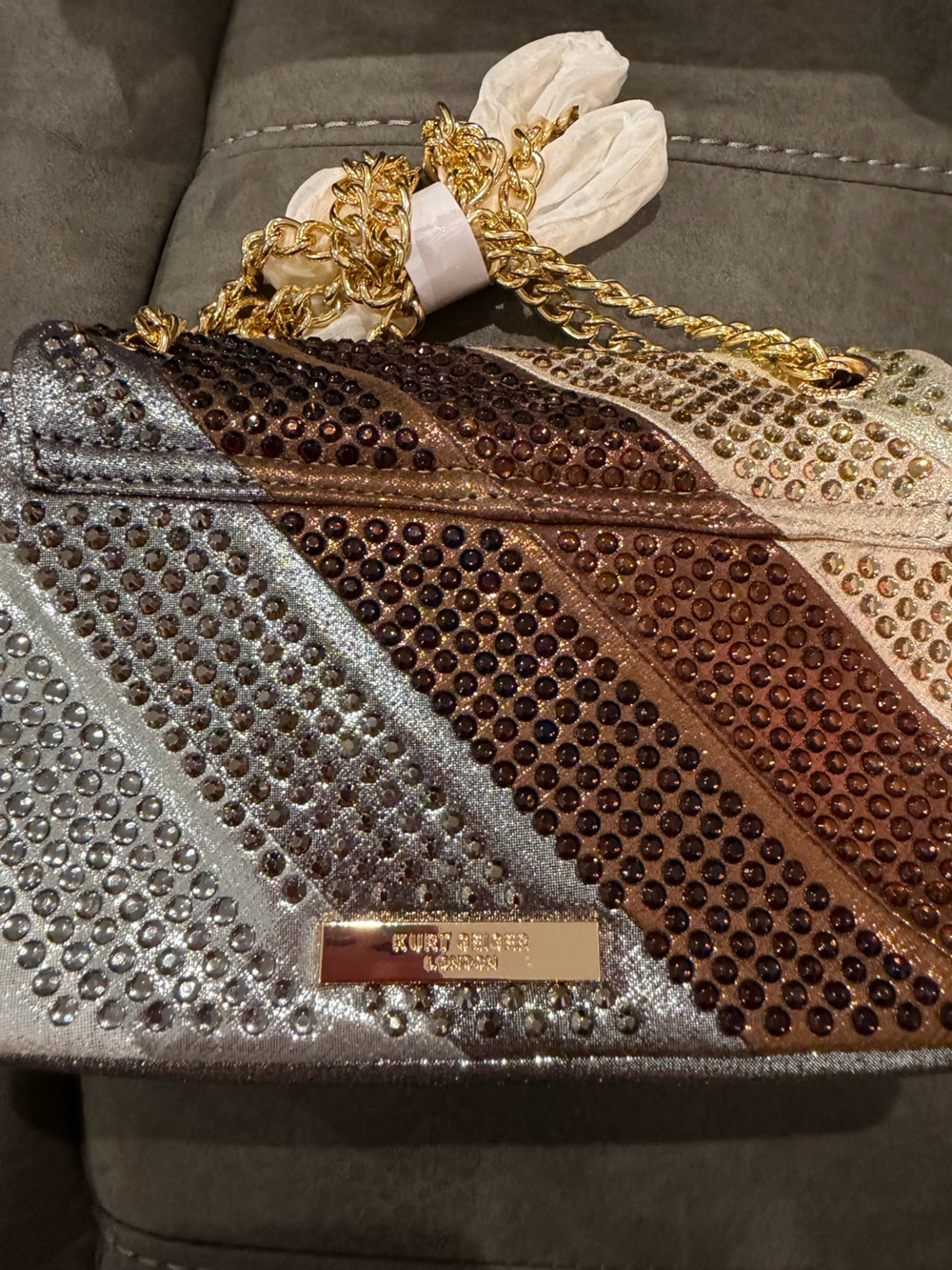 New Kurt Geiger Silver Gold Brown Crystal-Embellished Shoulder Bag - Picture 7 of 8